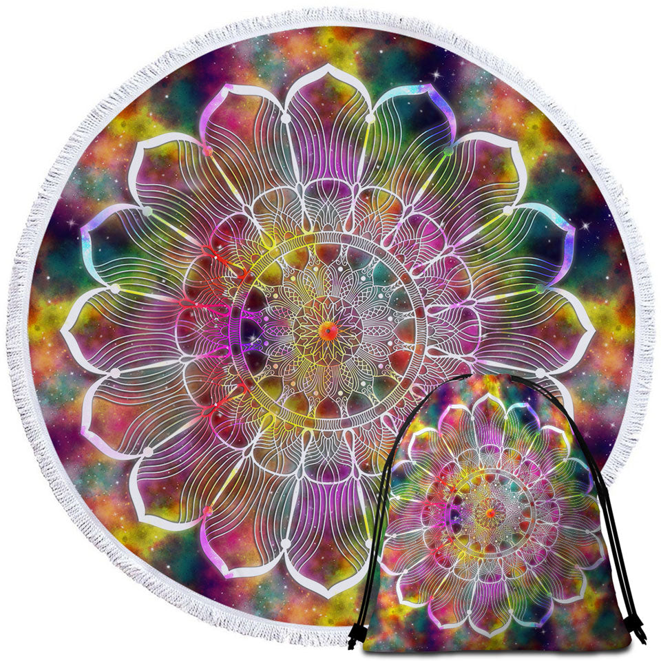 Round Beach Towel of White Flower Mandala over Colorful Space