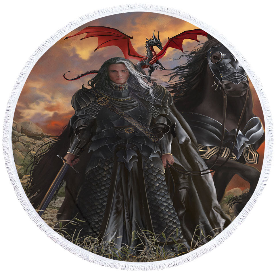Round Beach Towel with Black Knight with His Horse and Dragon