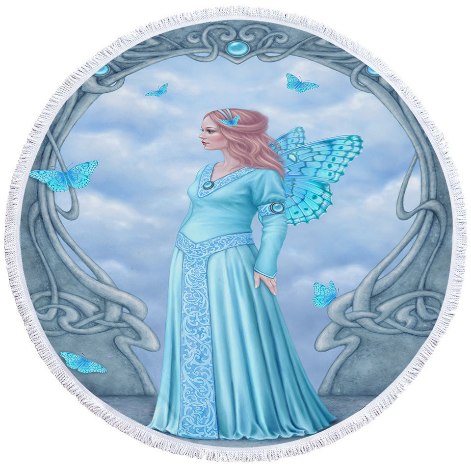 Round Beach Towel with Butterflies and Blue Aquamarine Butterfly Girl