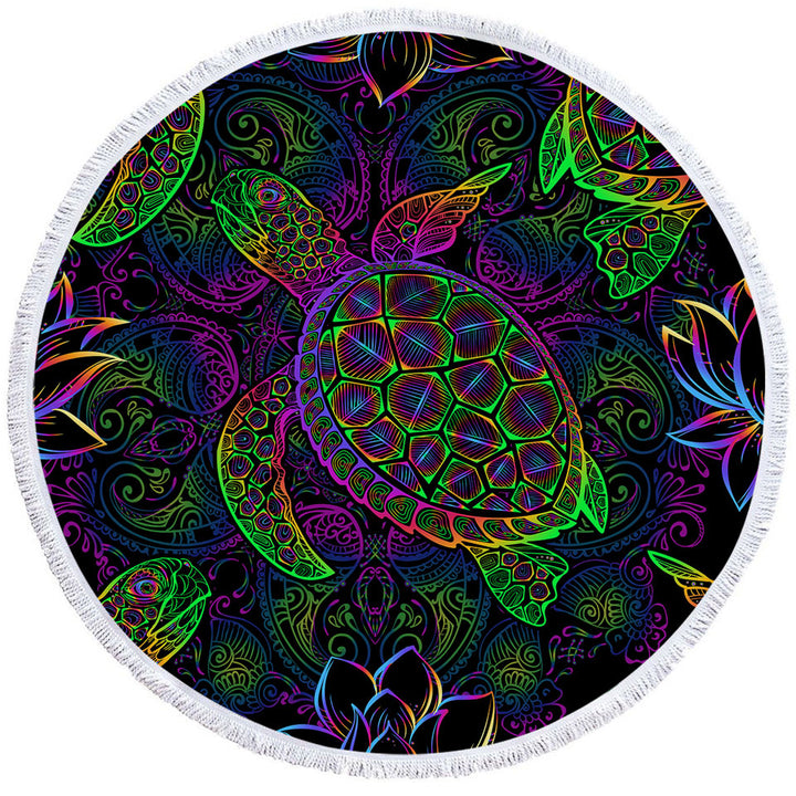 Round Beach Towel with Colorful Oriental Turtle