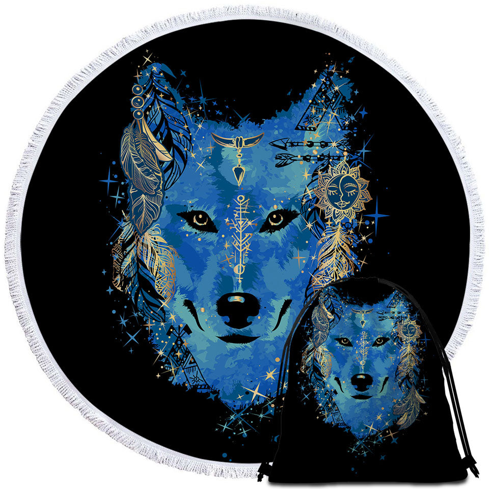 Round Beach Towel with Cool Blue Wolf