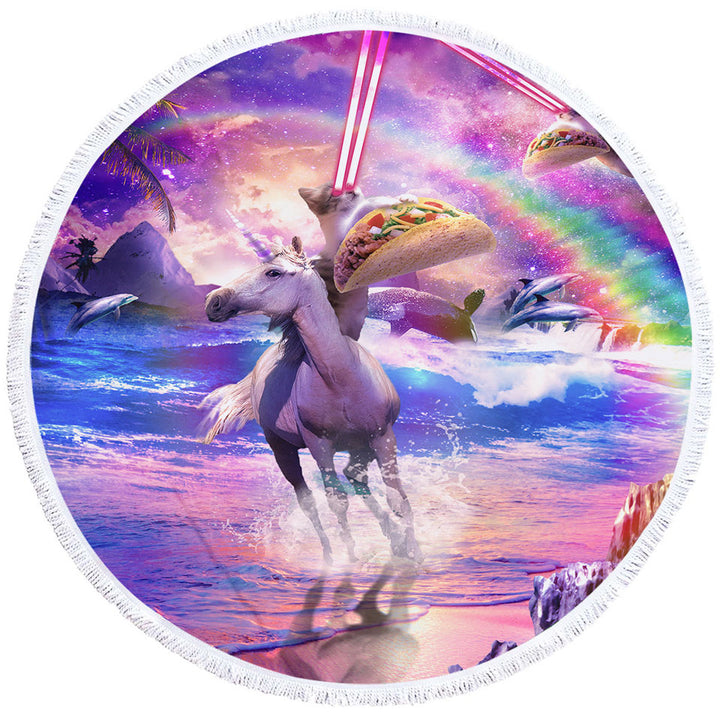 Round Beach Towel with Crazy Funny Art Laser Space Cat on Unicorn Eating Taco