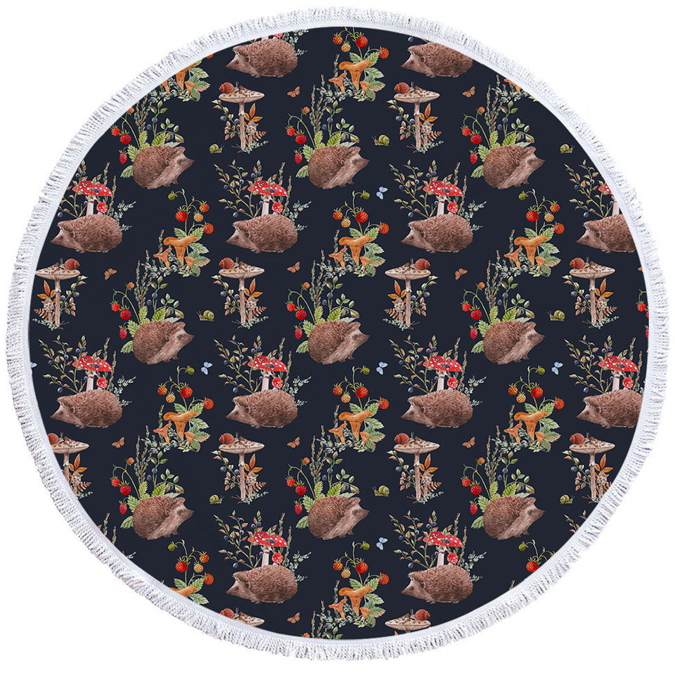Round Beach Towel with Cute Hedgehog in a Mushroom Garden