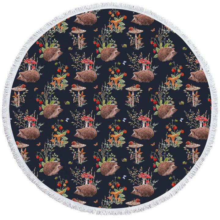 Round Beach Towel with Cute Hedgehog in a Mushroom Garden