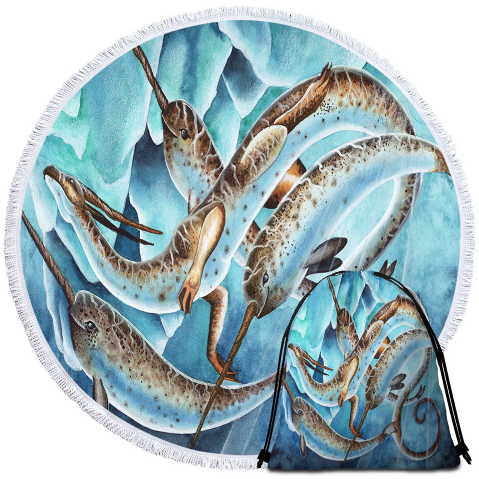 Round Beach Towel with Dragon and Fantasy Creatures Art Icy Depths
