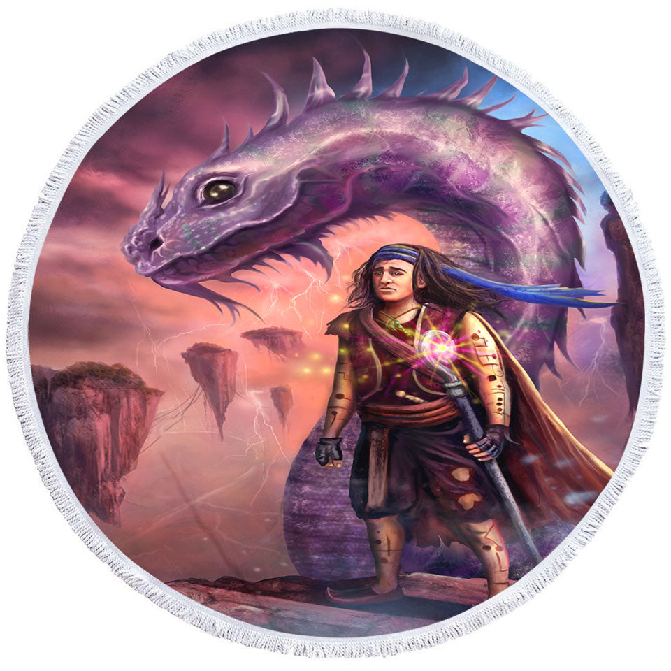 Round Beach Towel with Dragon and Thrakos Cool Fantasy Art