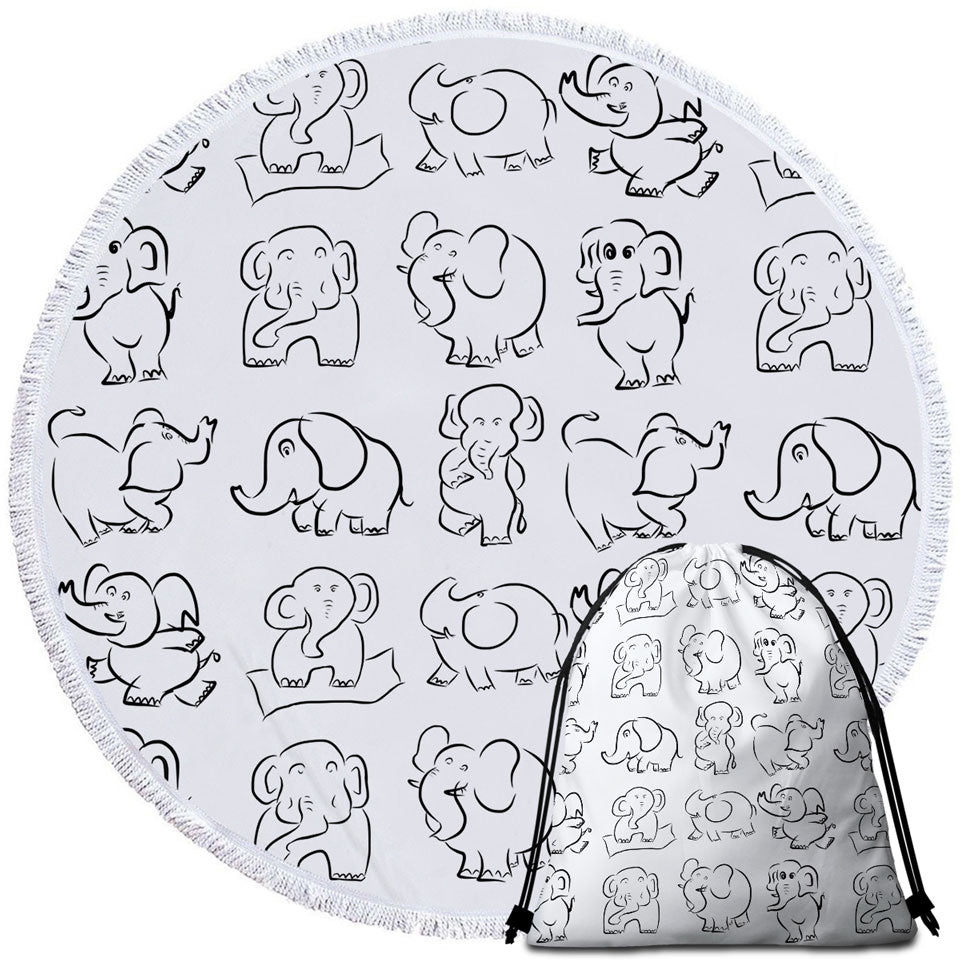 Round Beach Towel with Elephant Drawing Pattern