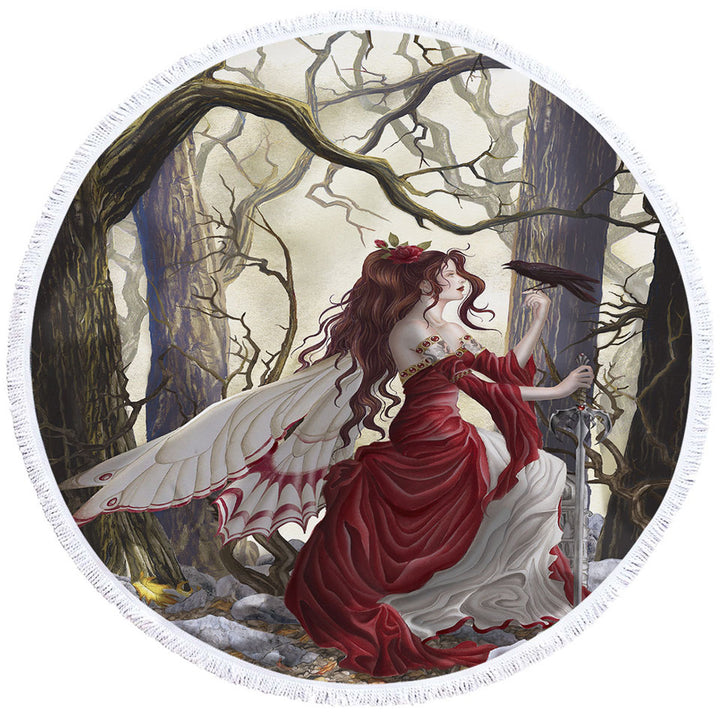 Round Beach Towel with Fantasy Art the Red Fairy and Her Crow