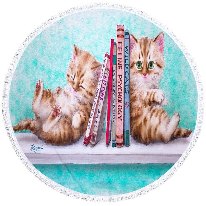 Round Beach Towel with Funny Cute Cats Designs Books and Kittens
