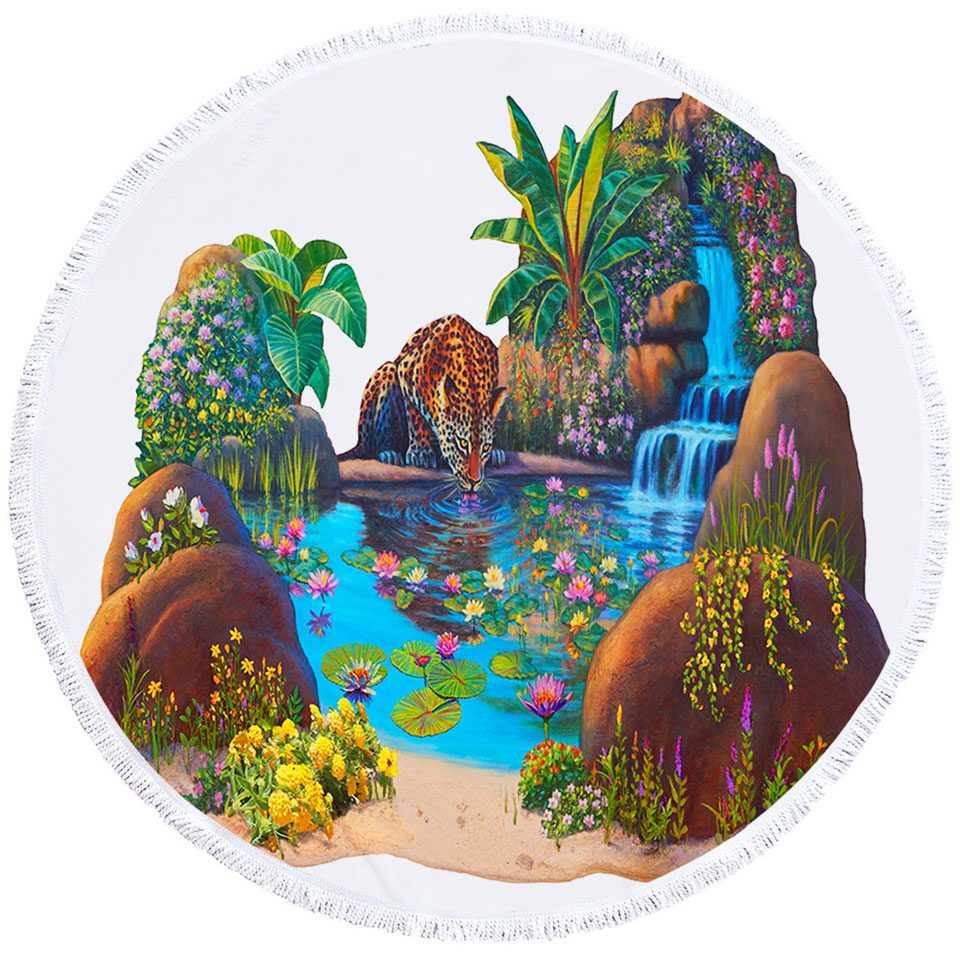 Round Beach Towel with Leopard Tropical Watering Hole