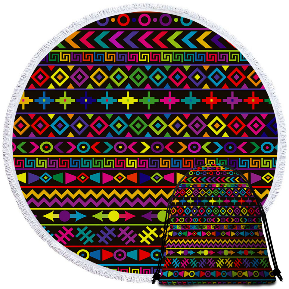 Round Beach Towel with Multi Colored Geometric Pattern