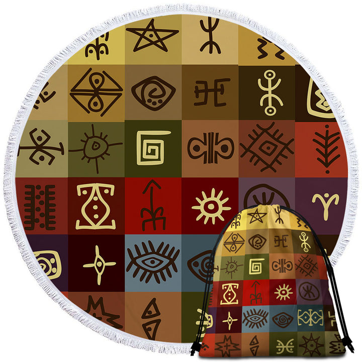 Round Beach Towel with Multi Colored Panels Cool Ancient Symbols