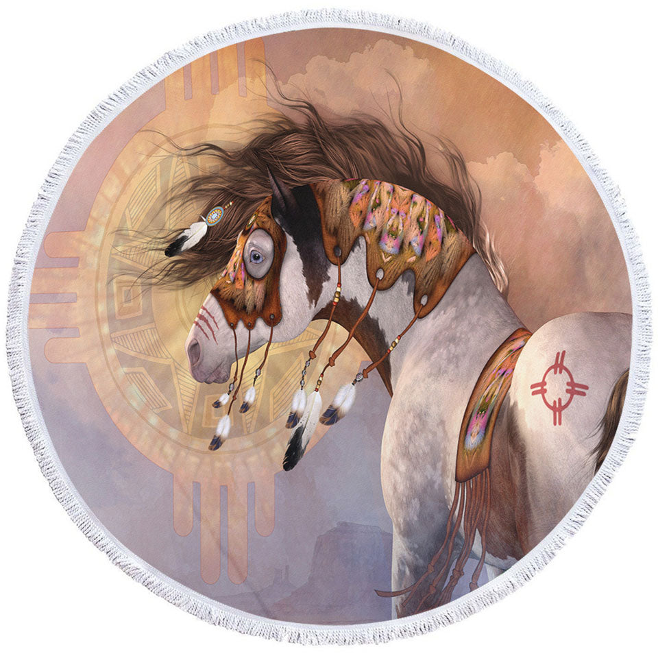 Round Beach Towel with Native American Horse