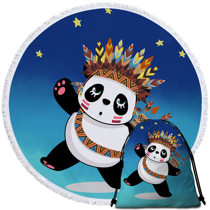 Round Beach Towel with Native American Panda for Kids