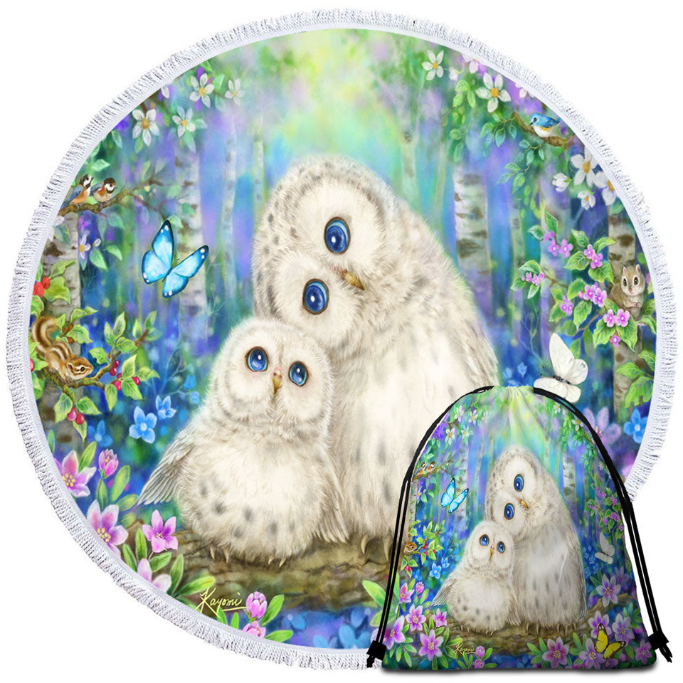 Round Beach Towel with Nature Art Morning Breeze Flowers and Owls