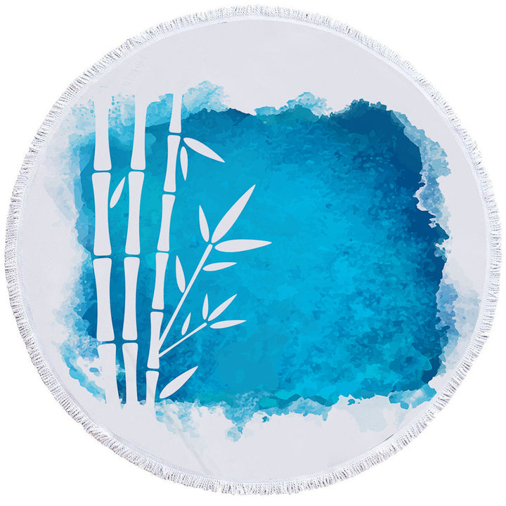 Round Beach Towel with White Bamboo Silhouette over Ocean Blue Paint