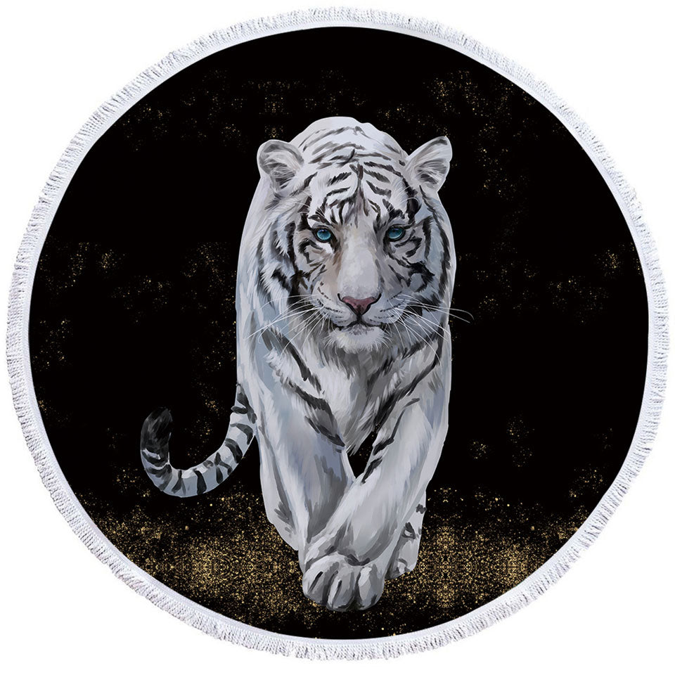 Round Beach Towel with White Tiger