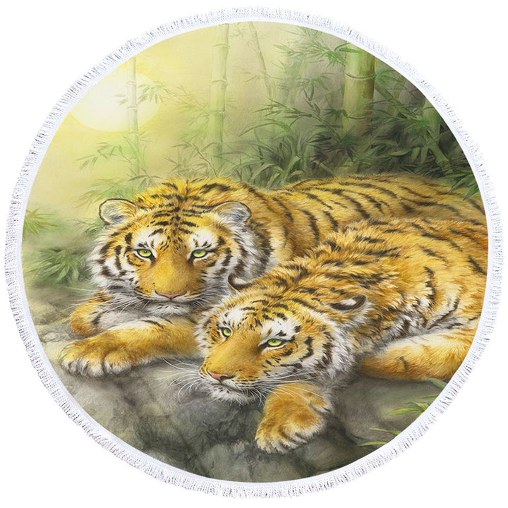 Round Beach Towel with Wild Animals Art Tigers Forest Morning