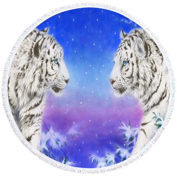 Round Beach Towels for Guys Wild Animal Art White Tigers at Winter Night
