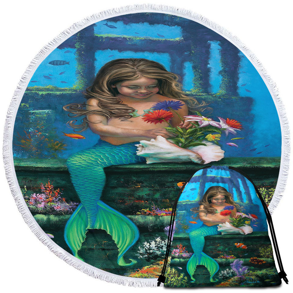 Round Beach Towels with Cute Girl Mermaid and Underwater Flowers
