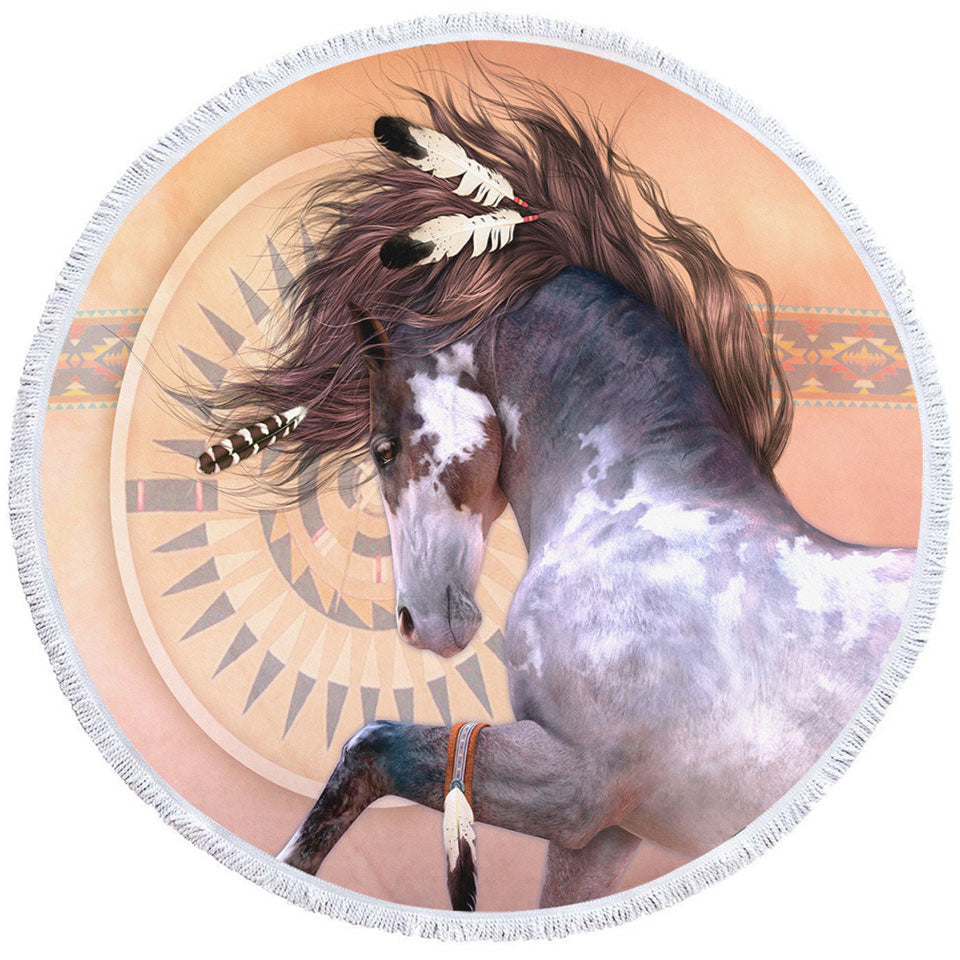 Round Beach Towels with Native American Spirit White Black Pinto Horse
