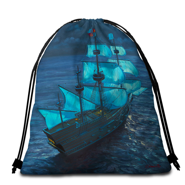 Round Beach Towels with Sailing Ship Moonlight Voyage
