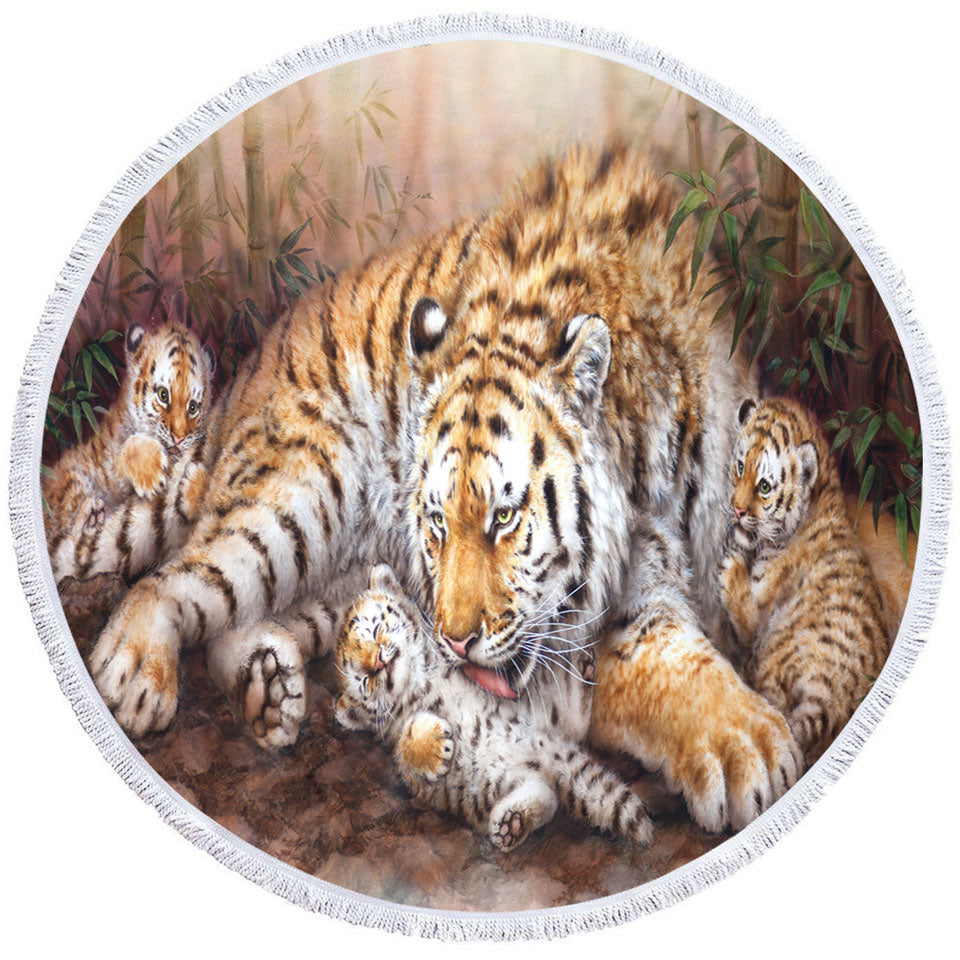 Round Beach Towels with Wildlife Animal Art Tiger Family in Bamboo Forest