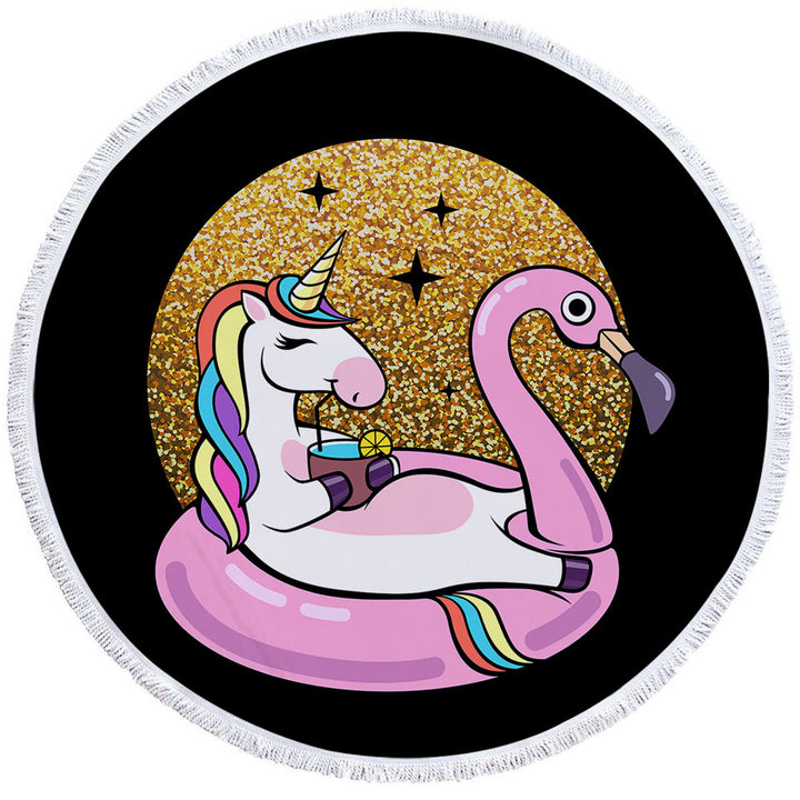 Round Towel of Cool Unicorn Chilling on Flamingo Float
