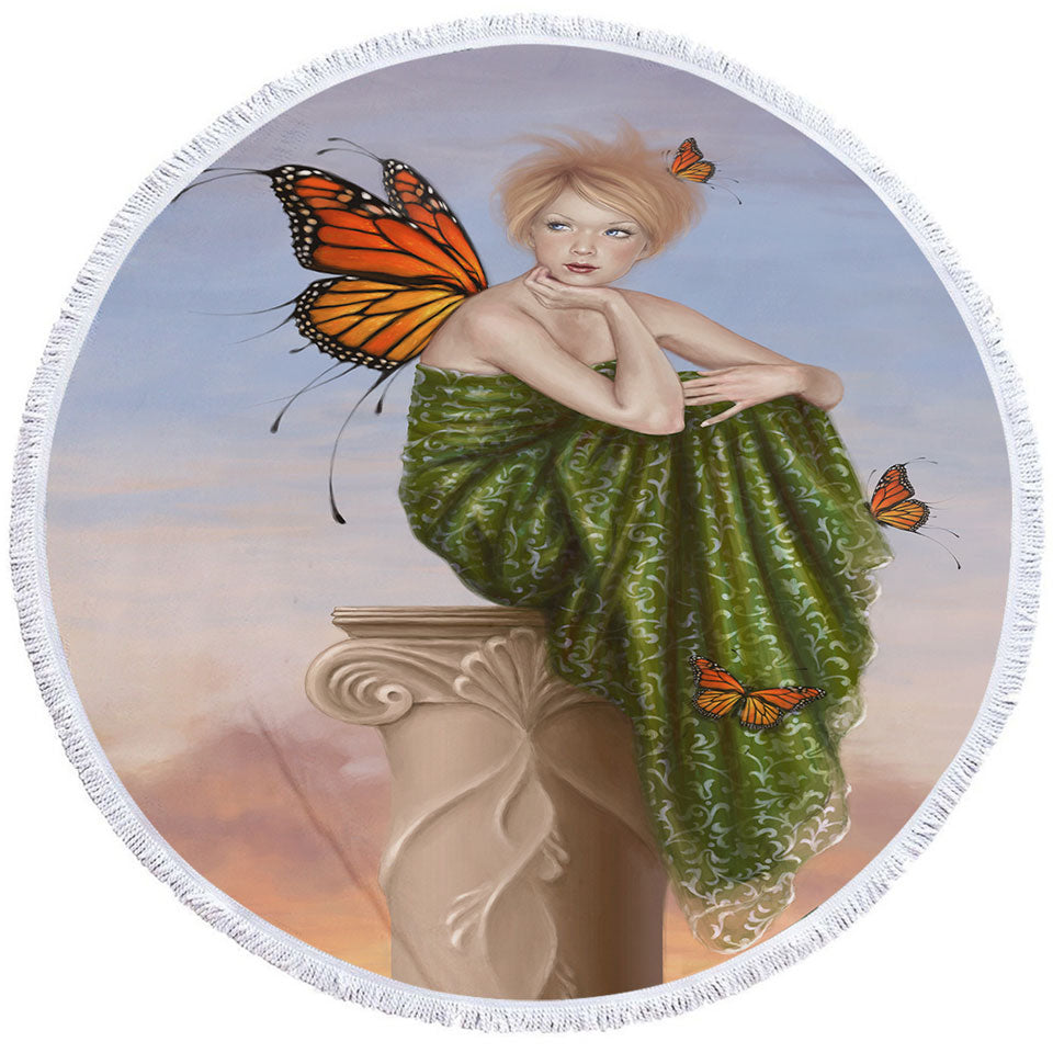 Round Towel with Art Painting Sunrise Butterfly Girl