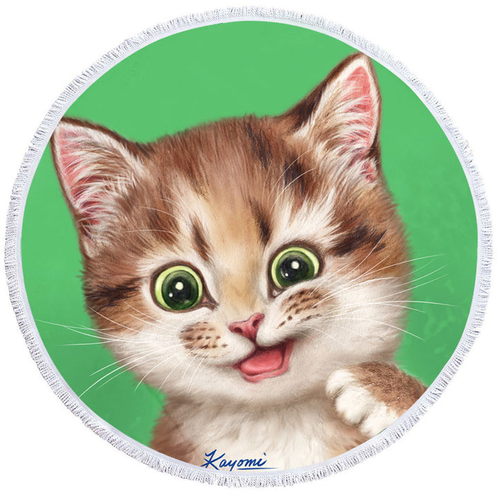 Round Towel with Childrens Print Cute Kitten Playful Cat