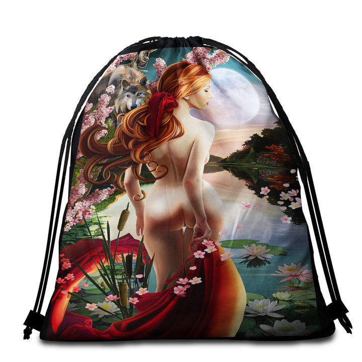 Fantasy Art Beautiful Beach Towel Pack with Redhead Green Fairy and Her Dragon