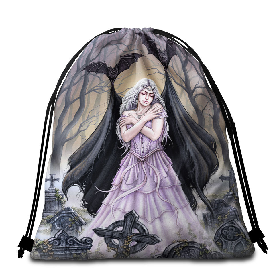 Scary Beach Bags and Towels Art Graveyard Bats Night Embrace for Lonely Woman