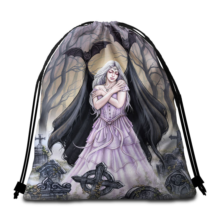 Scary Beach Bags and Towels Art Graveyard Bats Night Embrace for Lonely Woman