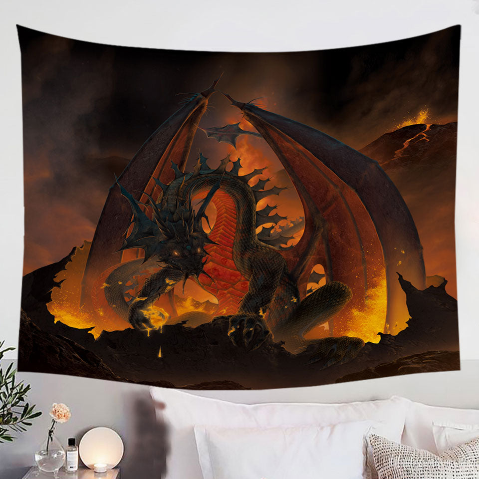 Scary-Fantasy-Art-Volcano-Fireball-Dragon-Wall-Decor-Tapestry