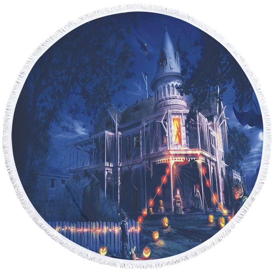 Scary Haunted House Halloween Beach Towels