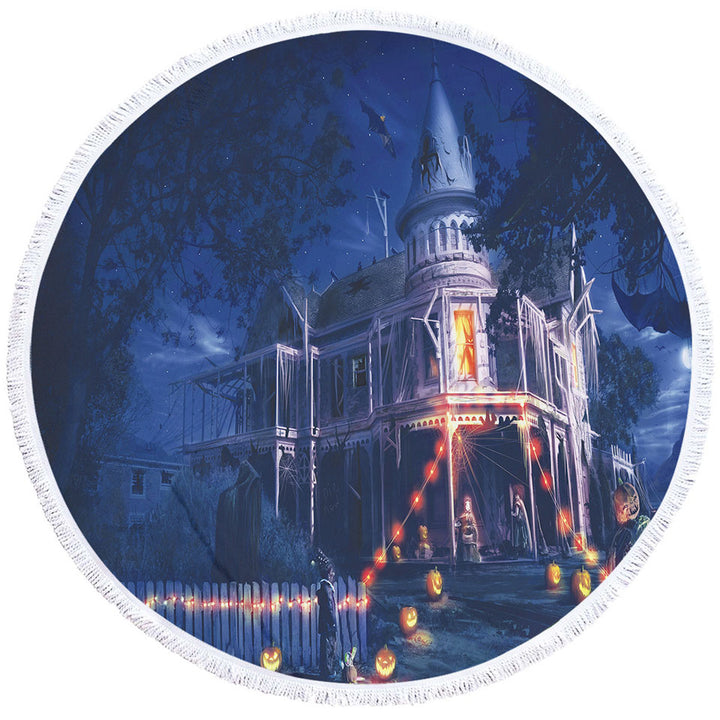 Scary Haunted House Halloween Beach Towels