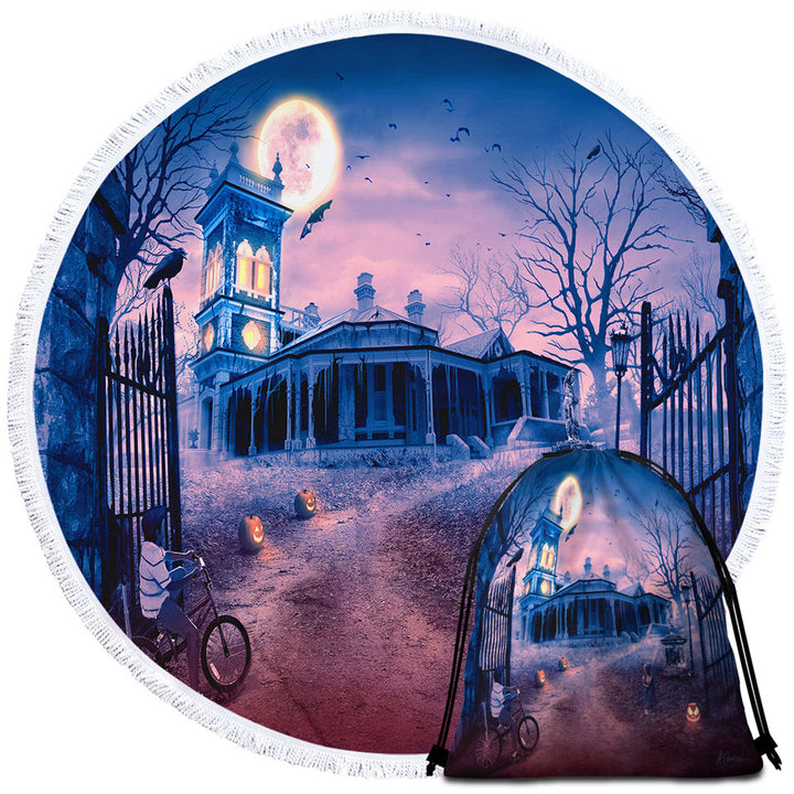 Scary Haunted Manor Halloween Beach Towels