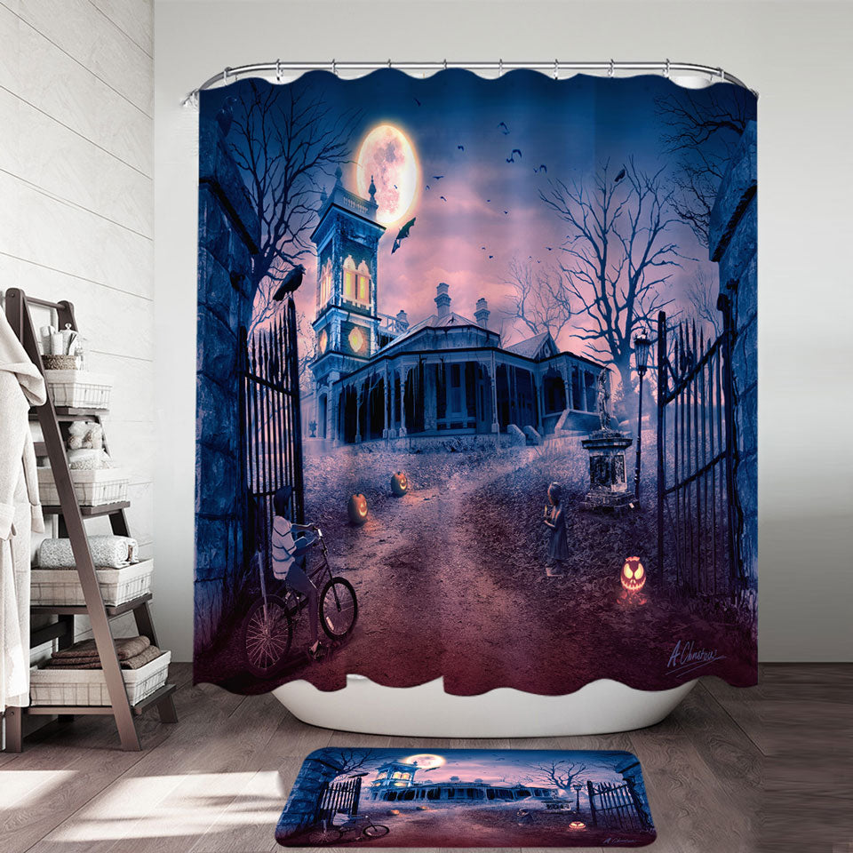 Scary Haunted Manor Halloween Shower Curtains
