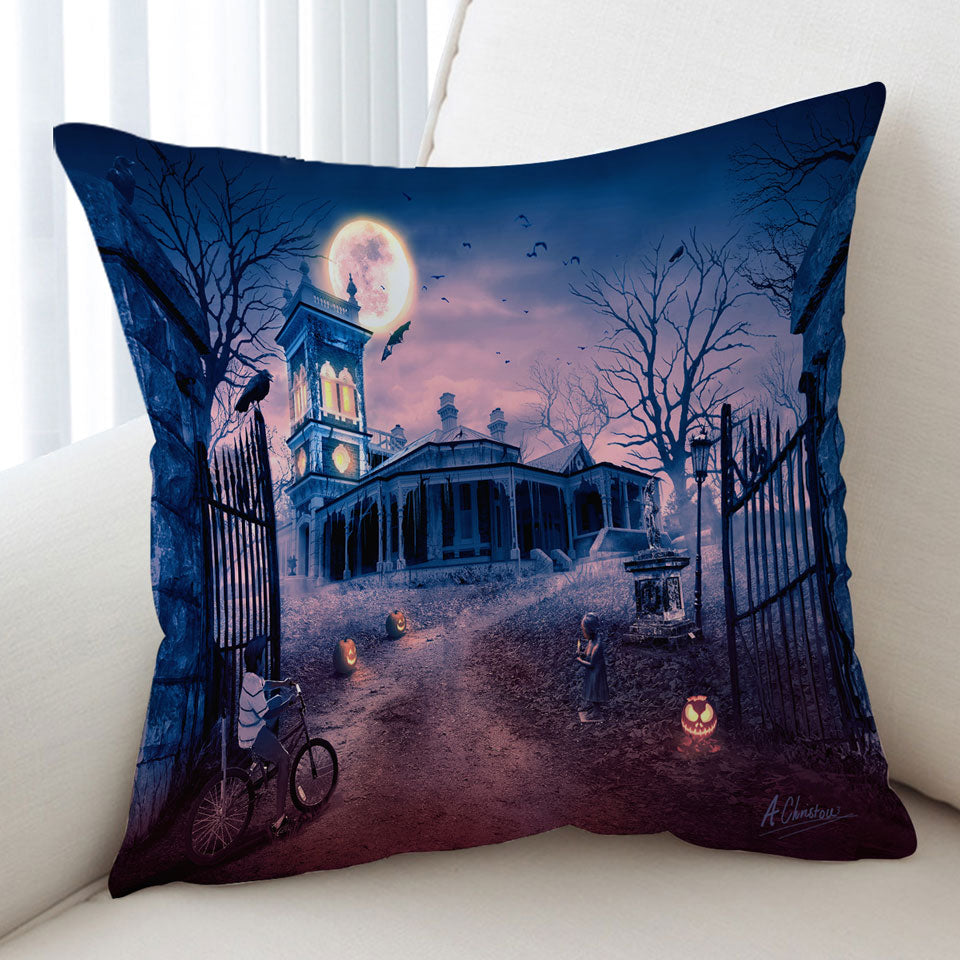 Scary Haunted Manor Halloween Throw Cushions