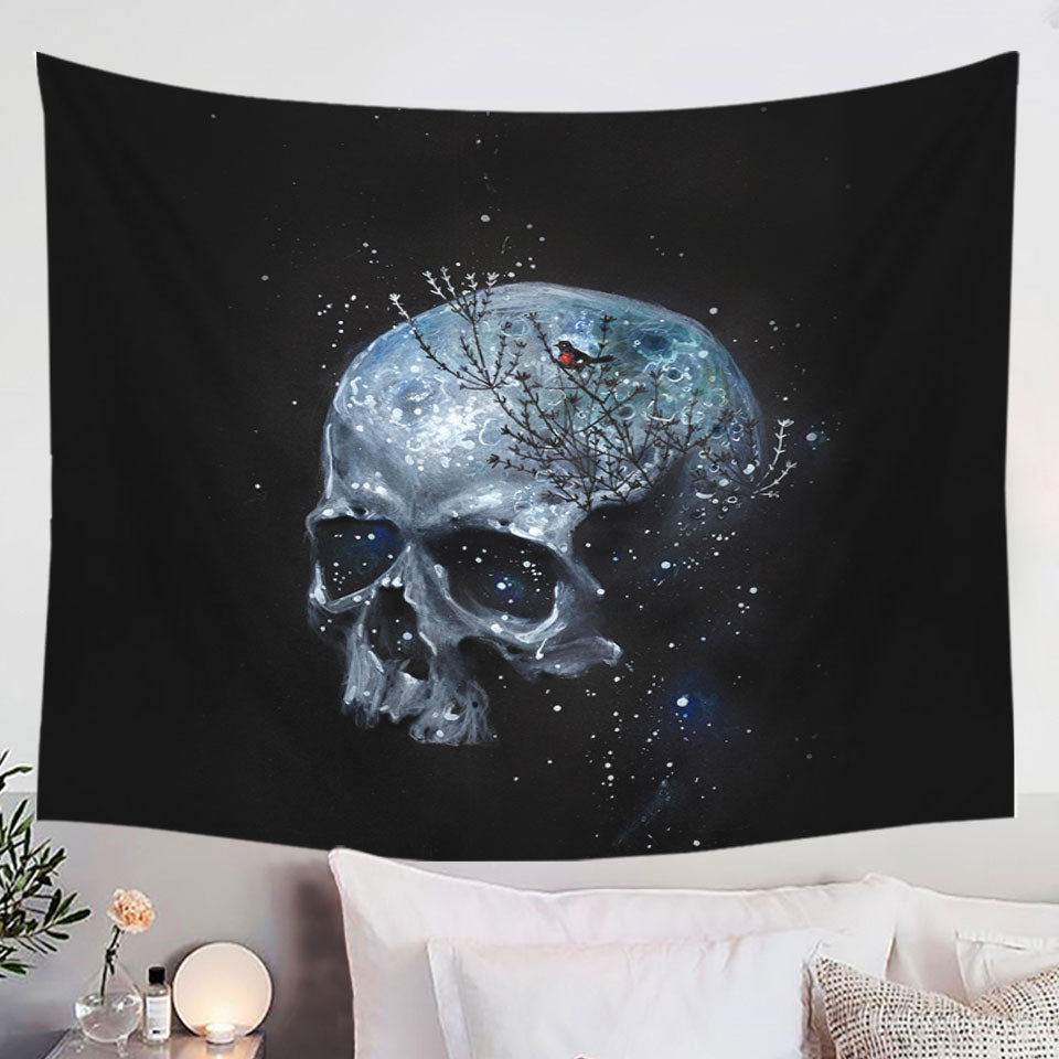 Scary Human Skull and Bird Tapestry