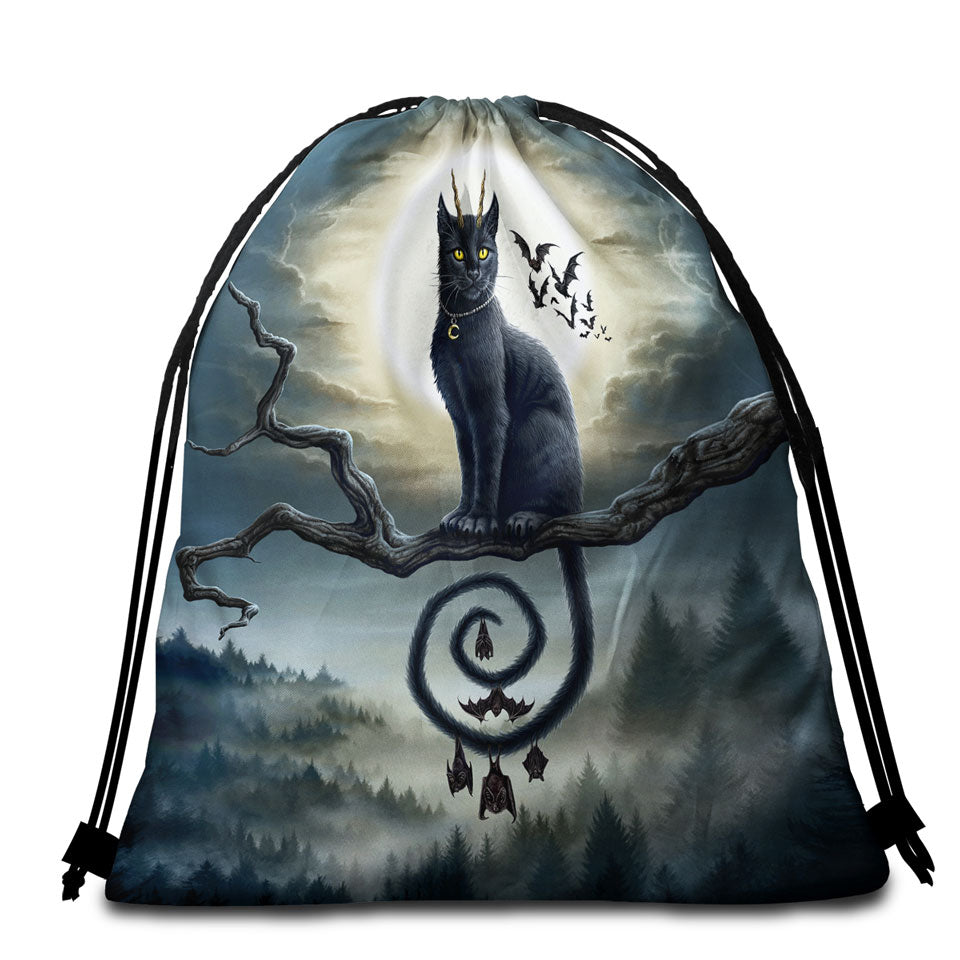 Scary Night Art Moonlight Companions Bats and Cat Beach Towel Bags
