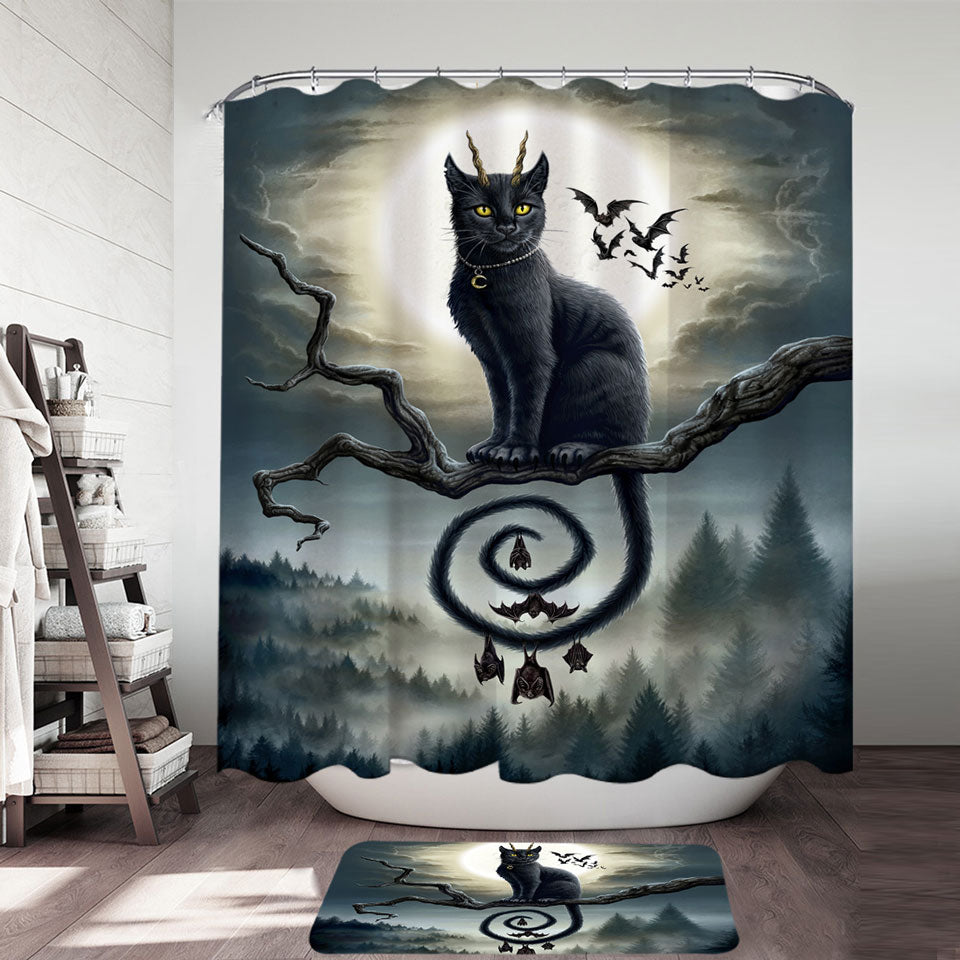 Scary Night Art Moonlight Companions Bats and Cat Shower Curtains