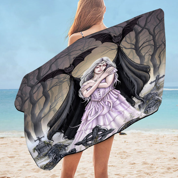 Scary Pool Towels Art Graveyard Bats Night Embrace for Lonely Woman