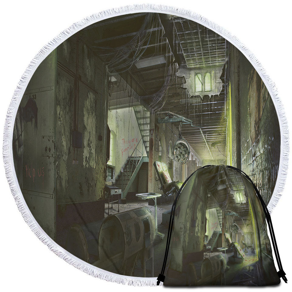 Scary Round Beach Towel Set Horror Asylum Scene