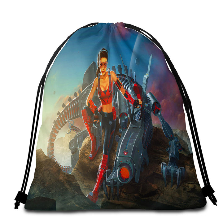 Fantasy Art Beach Towels and Bags Set Hovering Pyramid above Warrior
