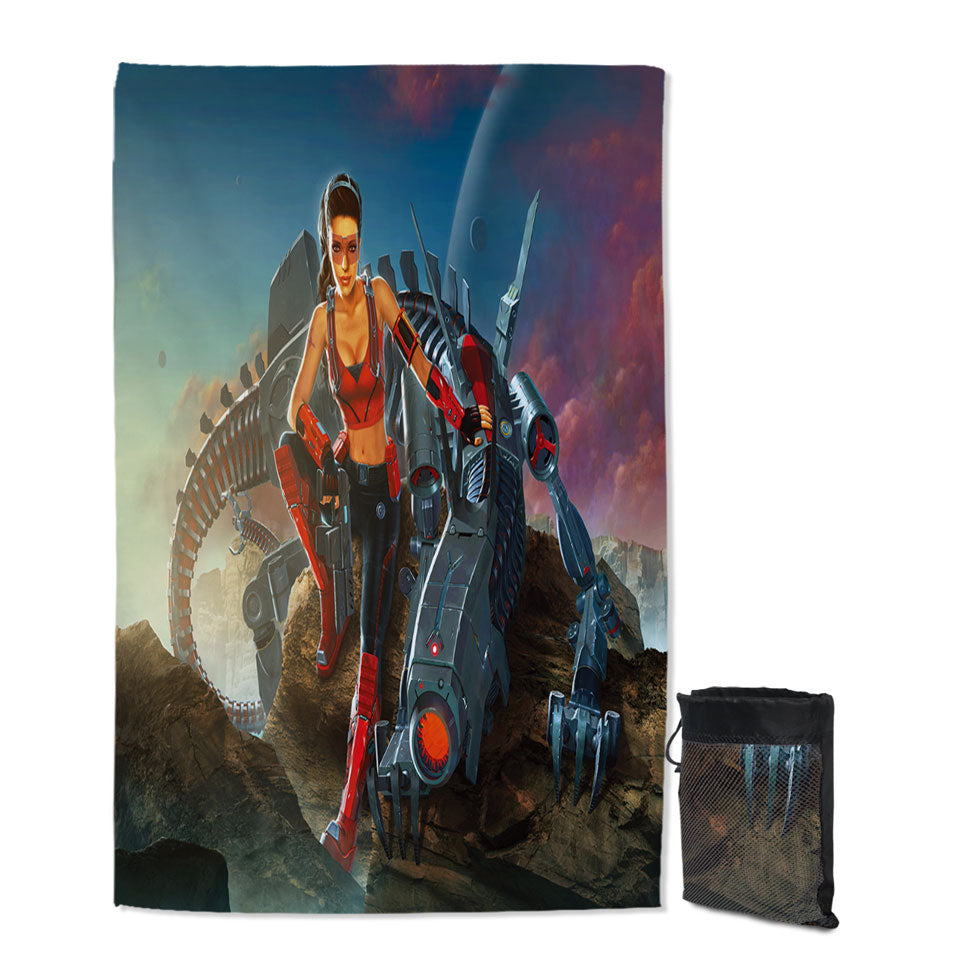 Science Fiction Art Rendezvous Humans and Robots Quick Dry Beach Towel