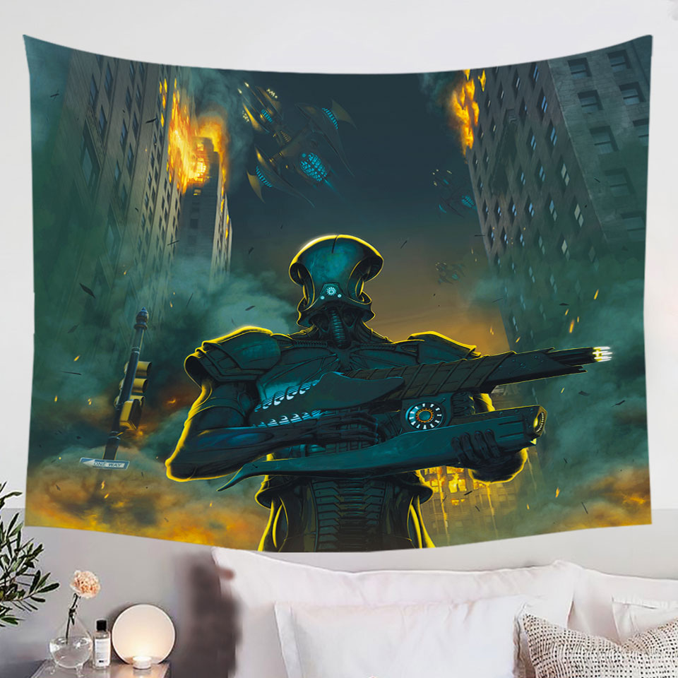 Science-Fiction-Wall-Decor-Tapestry-Art-Robots-City-Invasion
