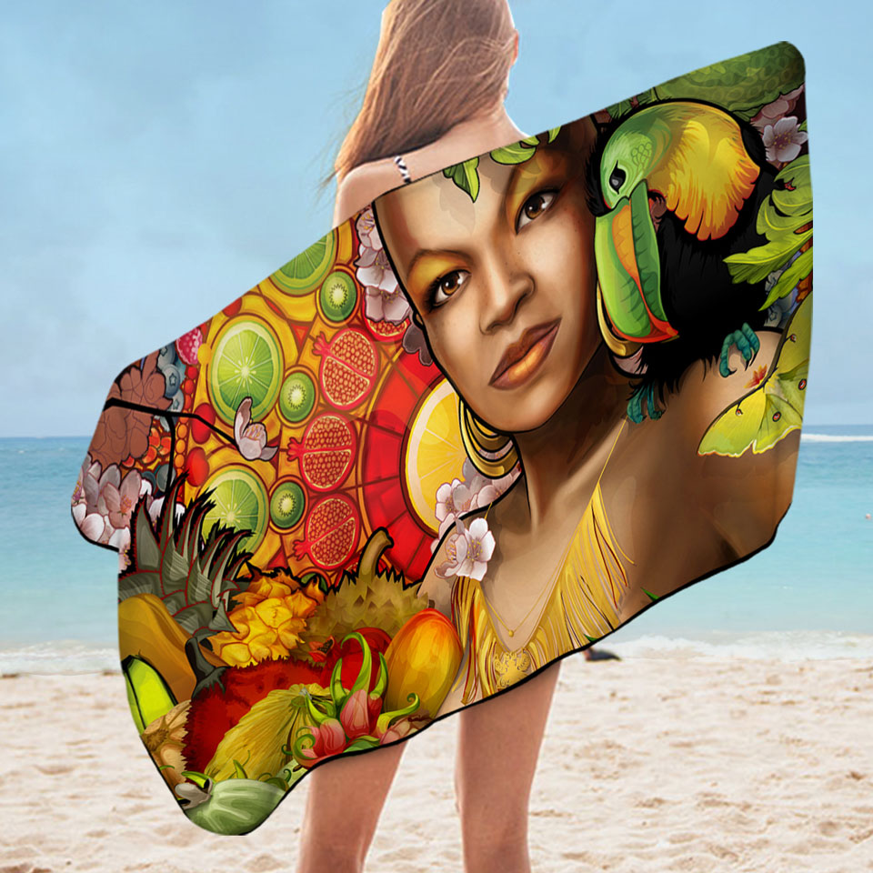 Sexy Black Woman Beach Towels Goddess of Fruit