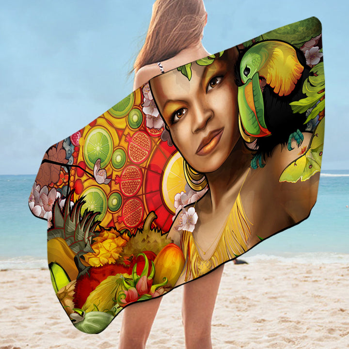 Sexy Black Woman Beach Towels Goddess of Fruit