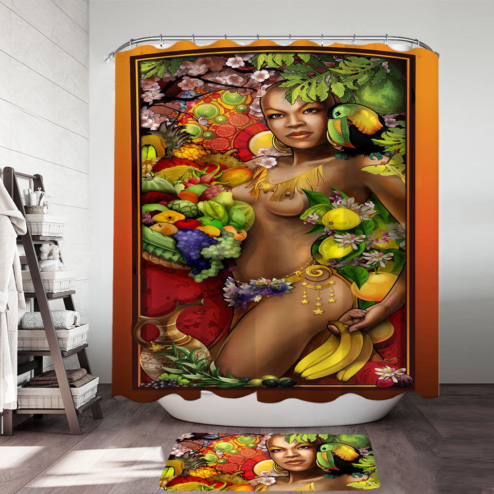 Sexy Black Woman Shower Curtain Goddess of Fruit